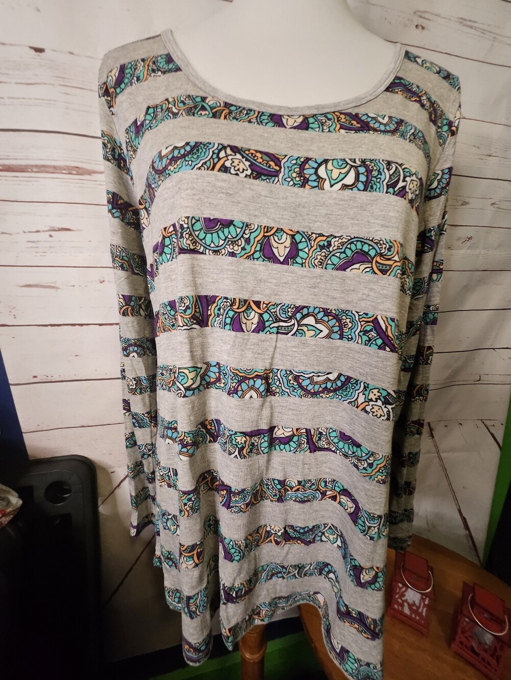 LuLaRoe Grey Long-Sleeve Top with Teal, Purple & Gold Paisley Stripes